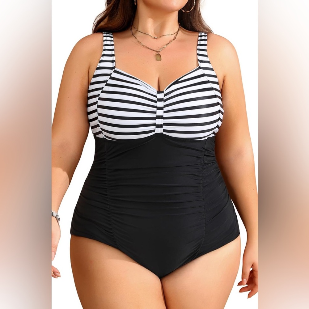 Daci Plus Size Swimsuit Tummy Control Retro Ruched Bathing Suit Vintage Swimwear